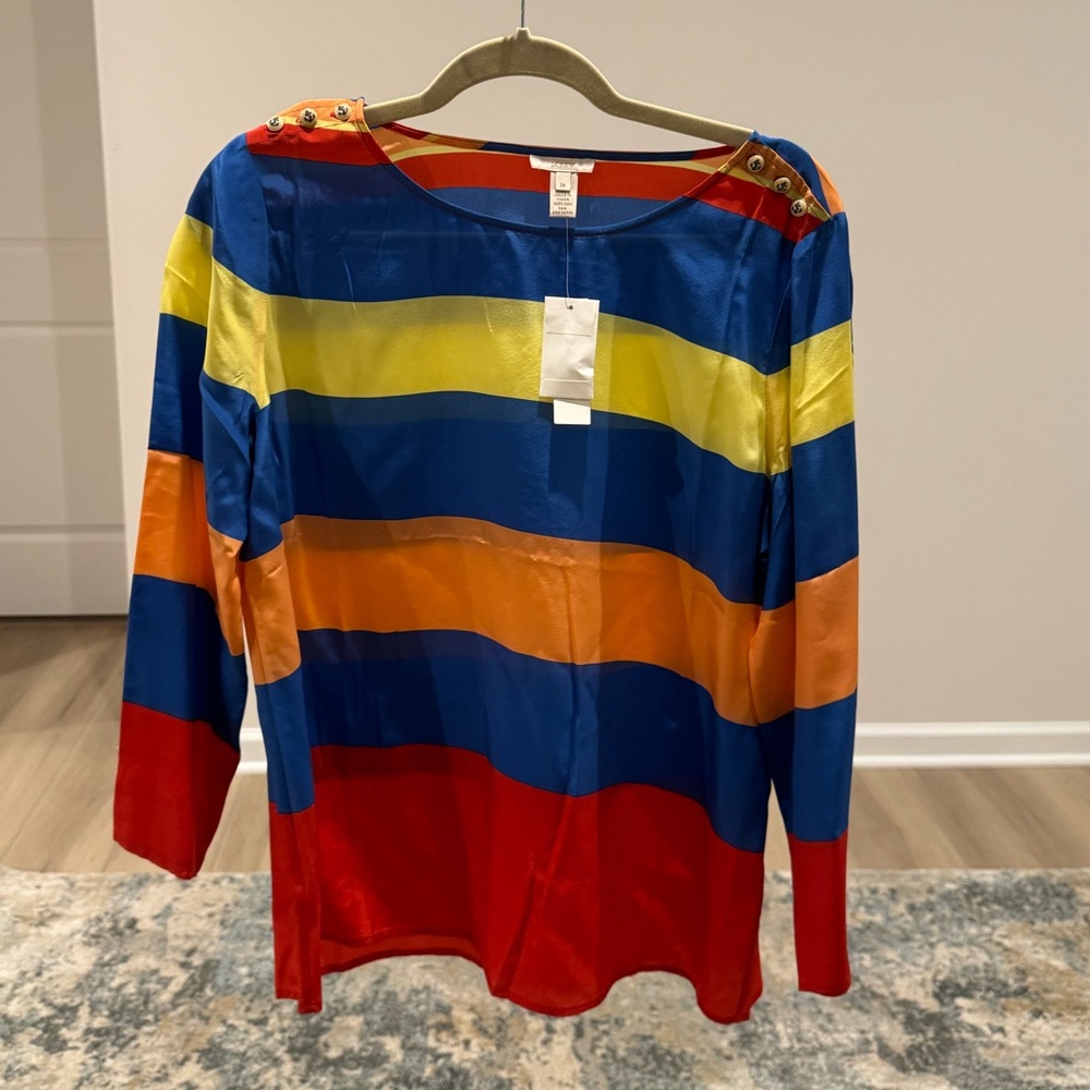 J. Crew 100% Silk Colorful Striped Long Sleeve Shirt - NWT; Size 14